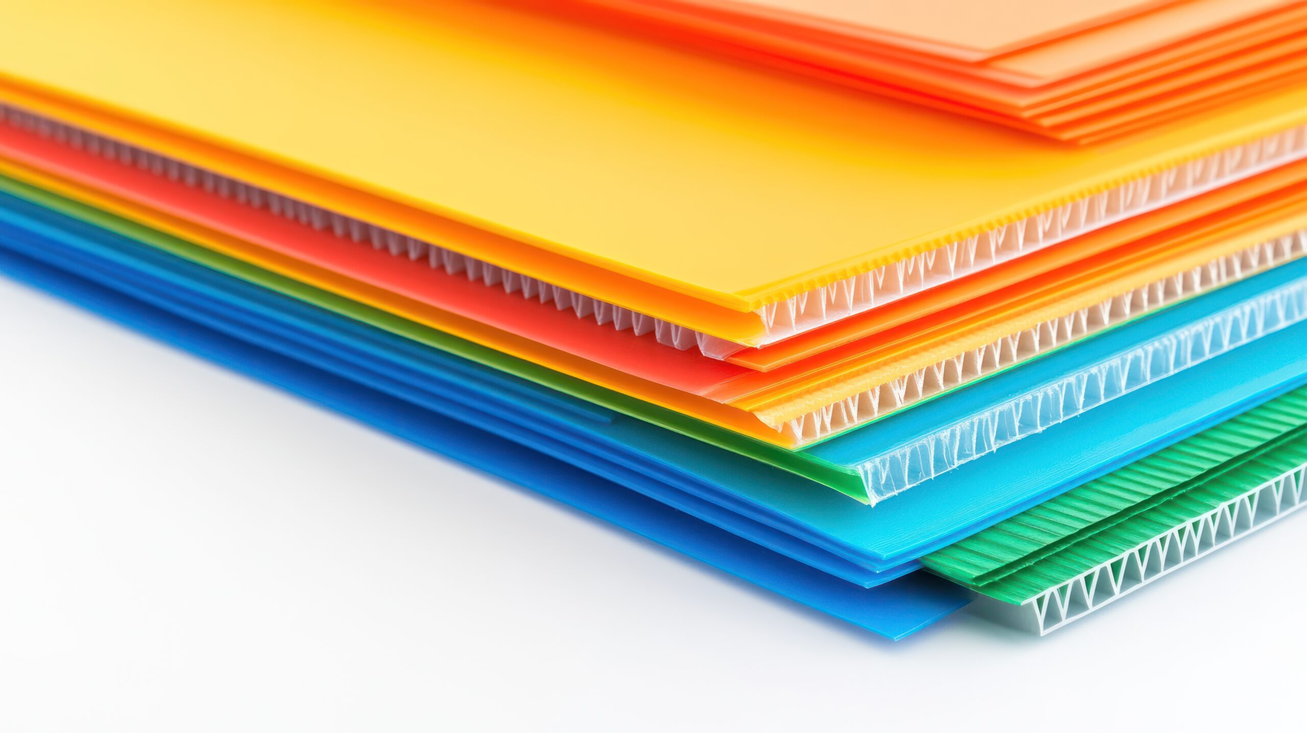 Vibrant Stack of Colorful Corrugated Plastic Sheets | Reedy Chemical Foam Stack of colorful spiral-bound notebooks arranged in a rainbow of hues (red to blue).