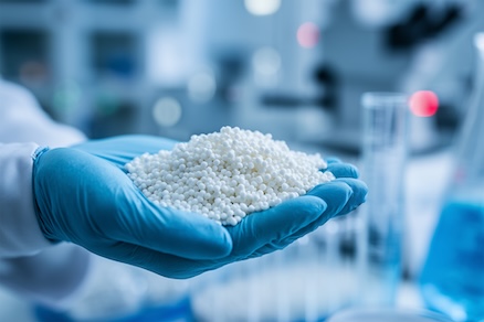 Engineer Holding White Plastic Polymer in Laboratory Petrochemical Raw Material for Polymer Science Research and Testing | Reedy Chemical Foam Gloved hands in a laboratory holding small white beads or pellets, with a blurred lab background.