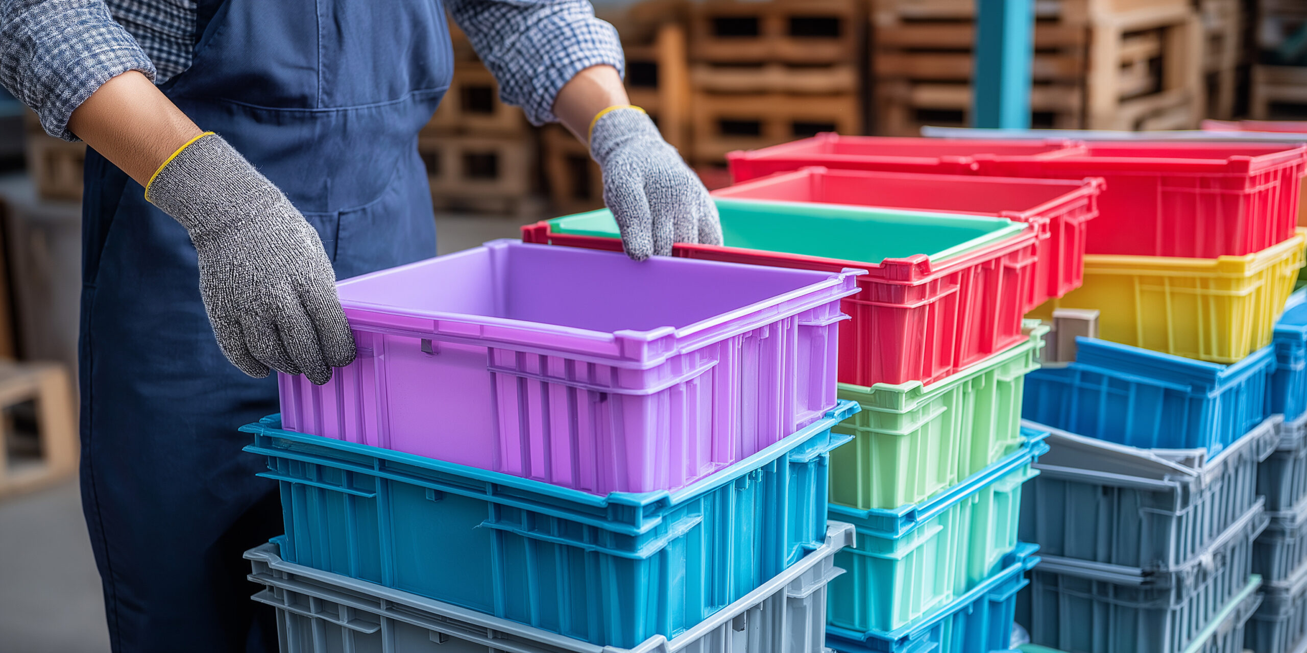 Worker wearing gloves and a blue apron stacks colorful plastic crates in a warehouse venue.