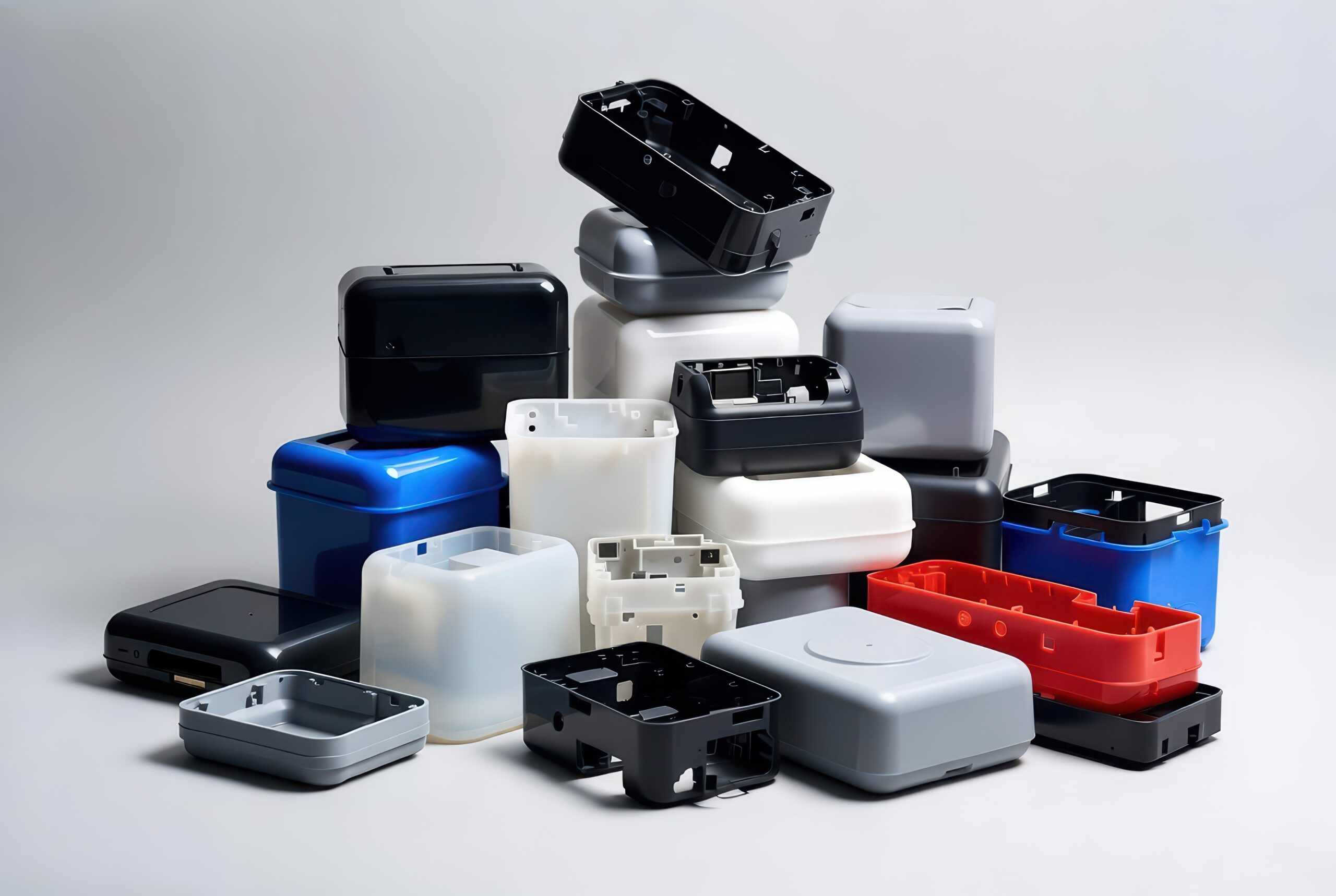 Assorted Plastic Enclosures Housings and Components Stacked in a Still Life Arrangement | Reedy Chemical Foam Pile of assorted empty plastic storage bins and baskets in black, white, blue, red, stacked together.