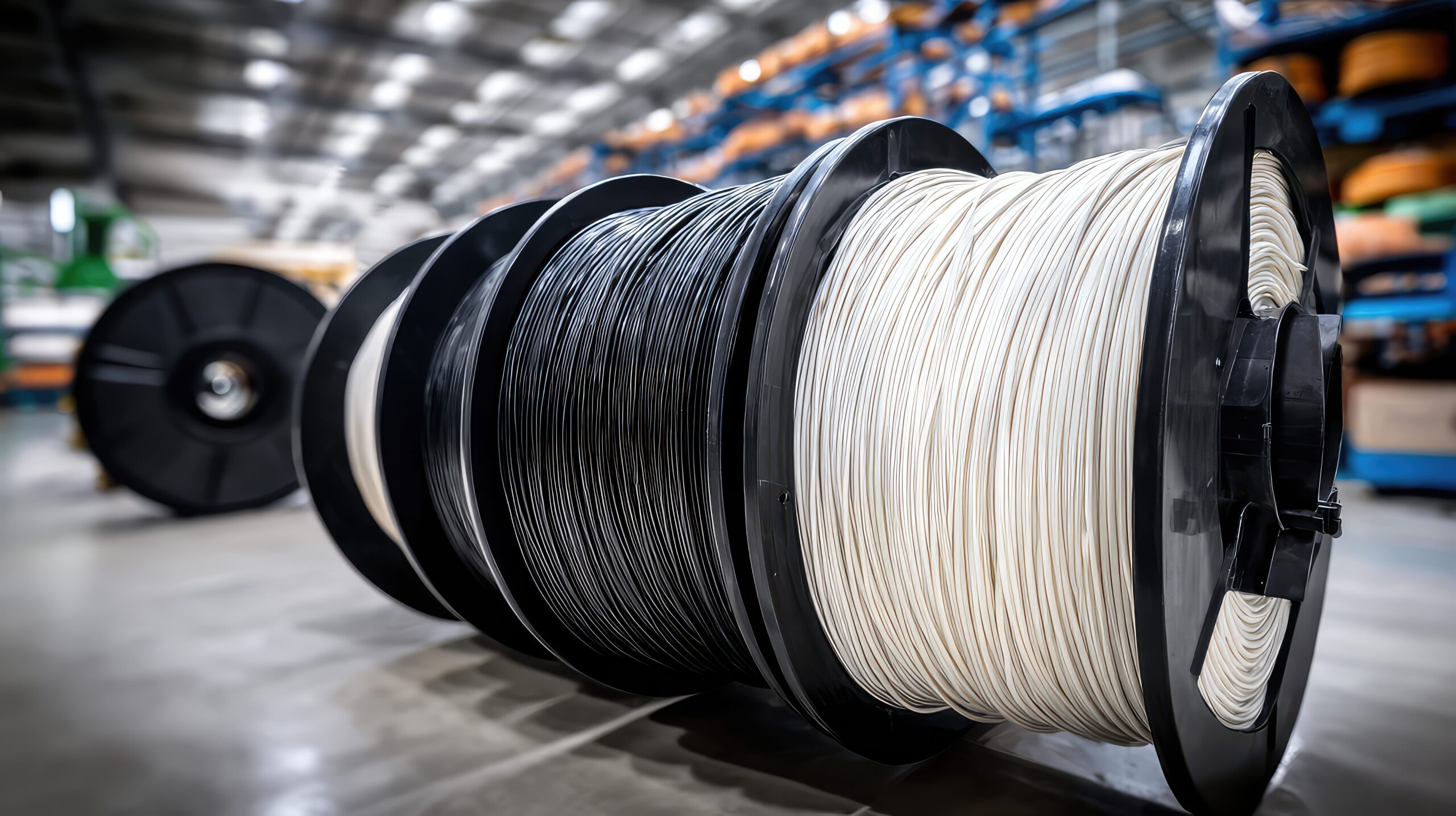 3d Printer Filament Spools Ready for Additive Manufacturing | Reedy Chemical Foam Large industrial cable spools on a wheeled spool rack in a warehouse, with rows of shelves in the background.