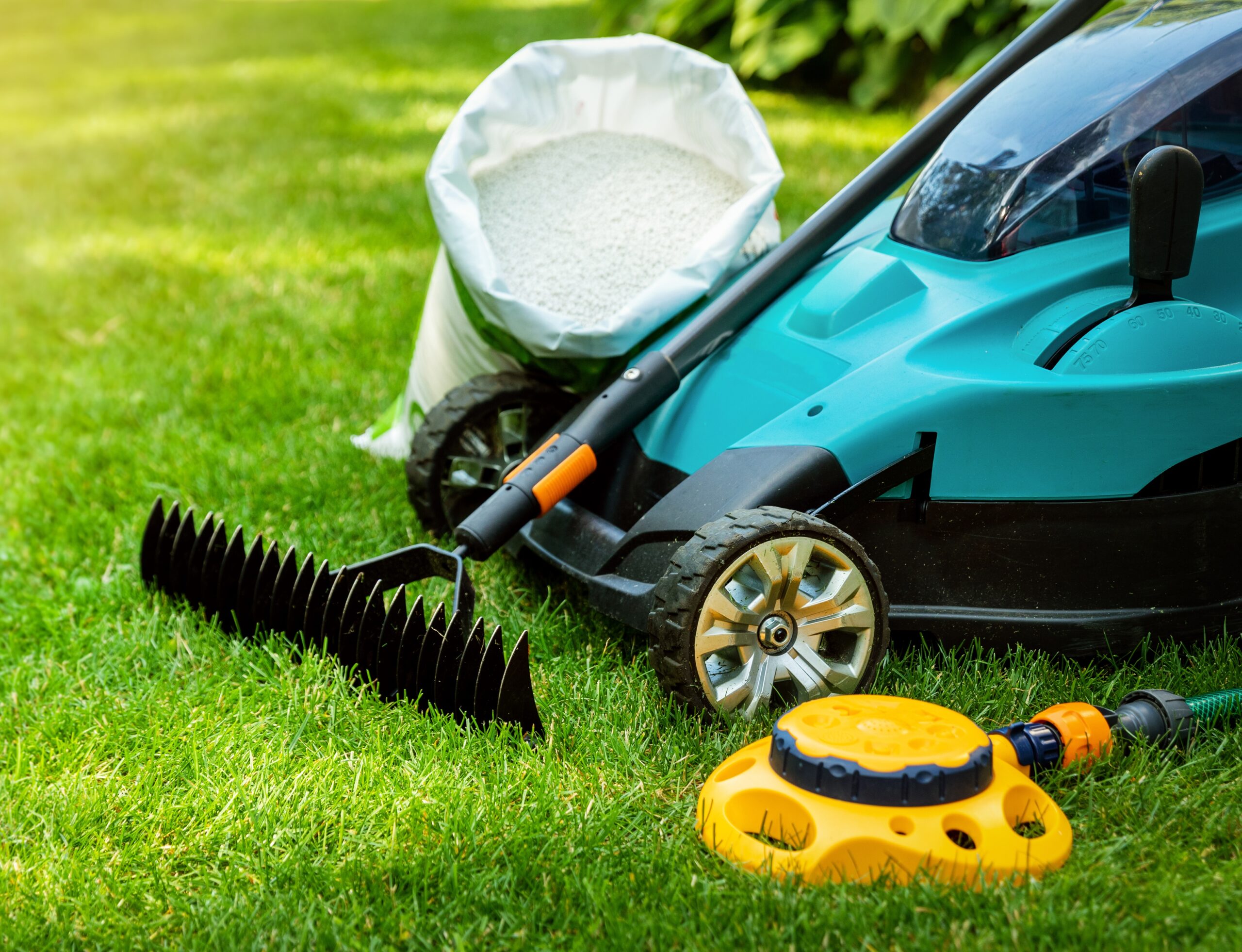 Turquoise lawn mower with a white bag full of grass clippings on a sunny green lawn