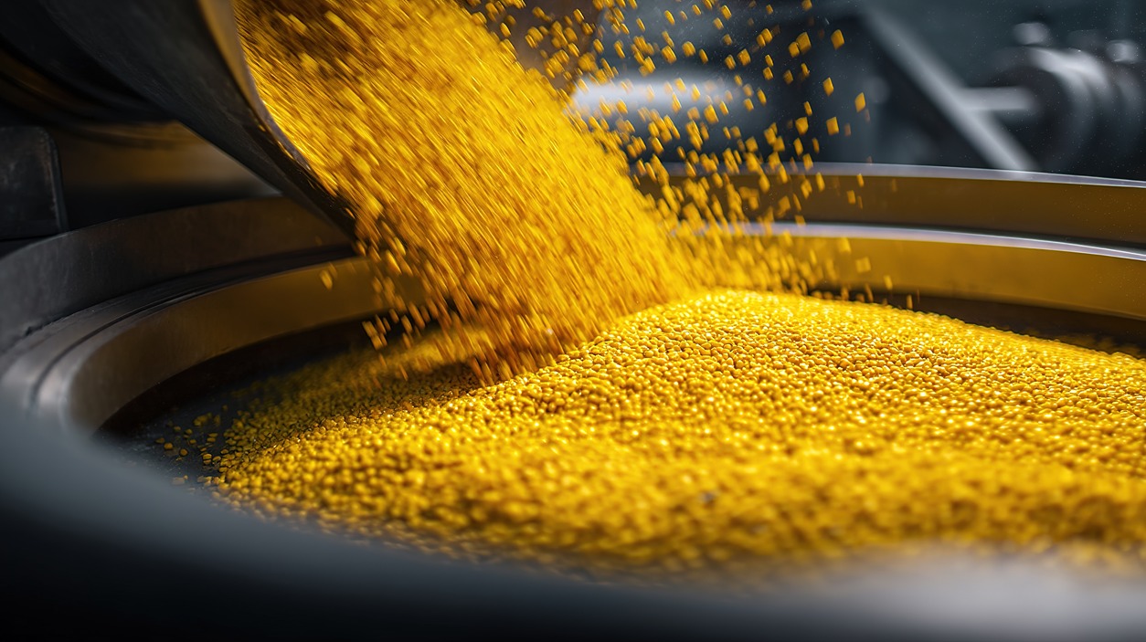 Gold-colored granules pouring from a chute into a large industrial hopper or drum during processing, sunlight-like glow on the shimmering particles.