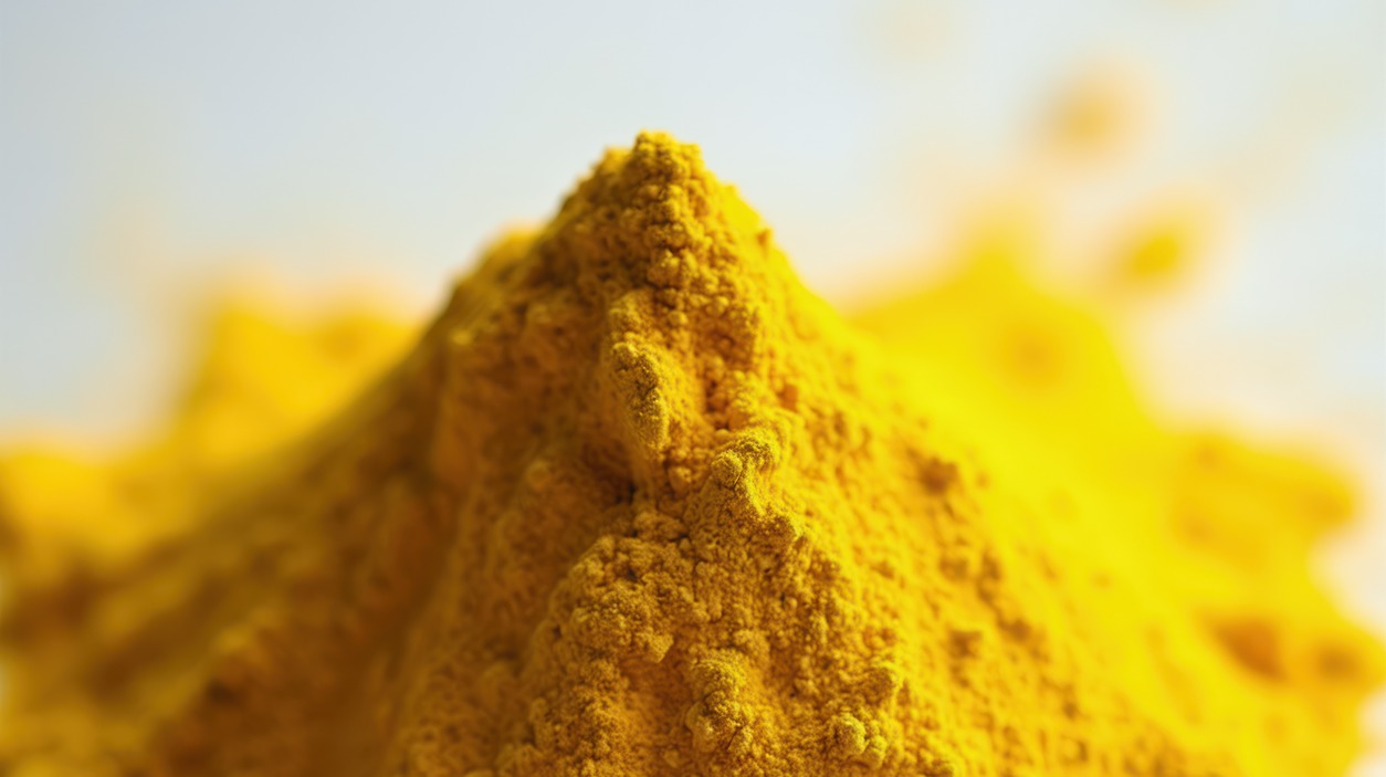 Exothermic Powers Resized | Reedy Chemical Foam Close-up of a bright yellow mound of turmeric powder on a light surface, with small scattered crystals around it