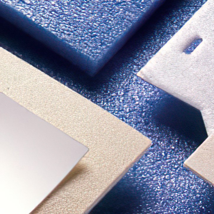 Industries_acoustic_3-4x | Reedy Chemical Foam Close-up of overlapping metallic tiles in beige and silver on a dark blue textured background, forming an abstract geometric composition.